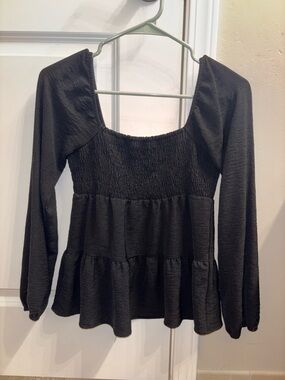 Paper Crane Black Smocked Peplum Long-Sleeve Top
